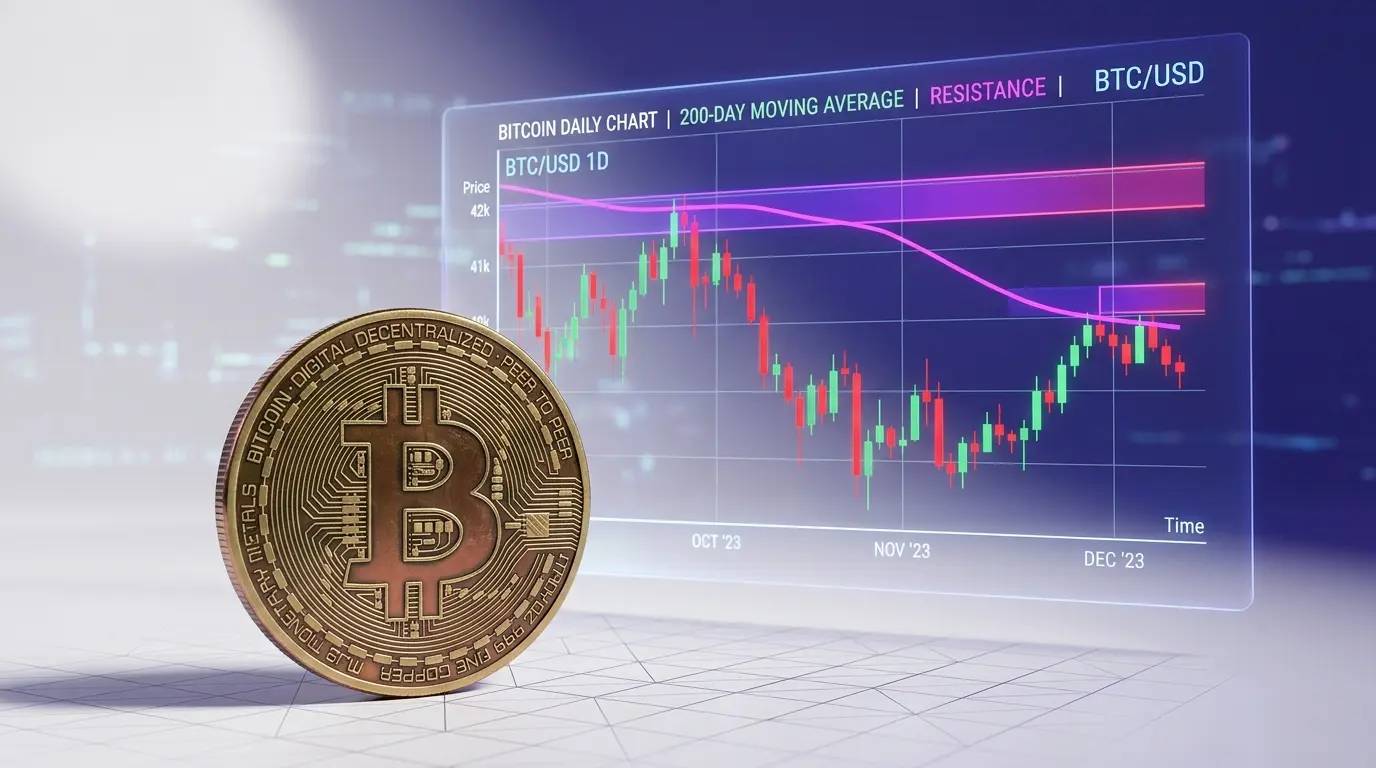 Bitcoin coin with holographic price chart showing 200-day moving average resistance level