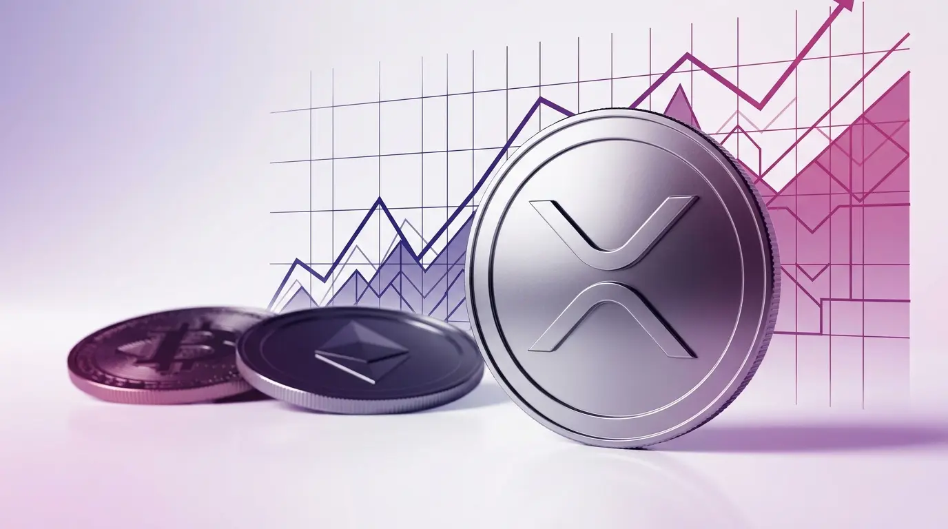 XRP cryptocurrency coin in focus with purple gradient grid while Bitcoin and Ethereum fade in background
