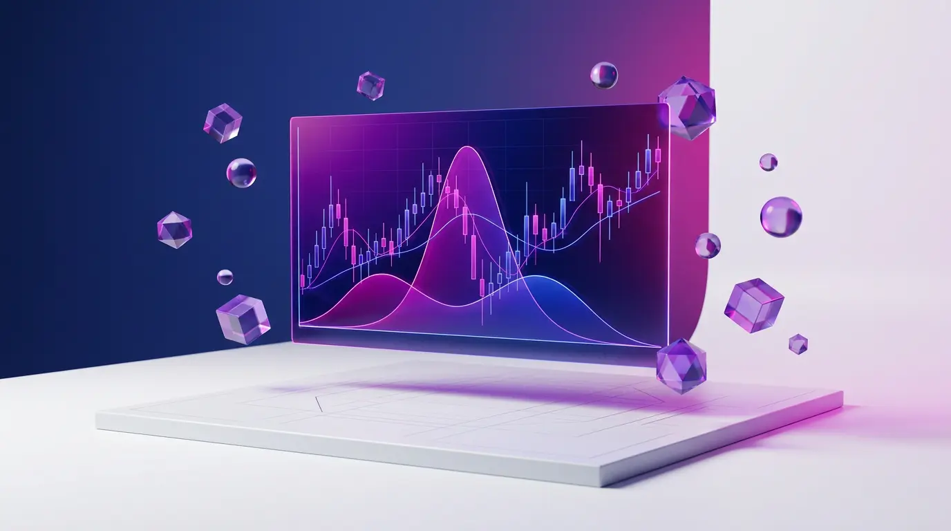 Holographic prediction market chart with purple gradients on minimalist tech platform