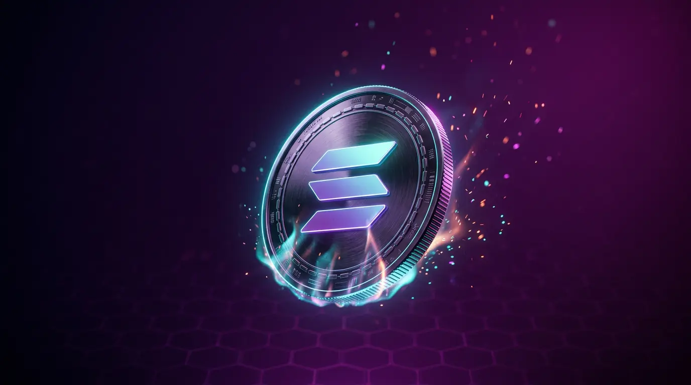 Solana coin with burning effect on purple-magenta gradient background representing fee burn mechanism