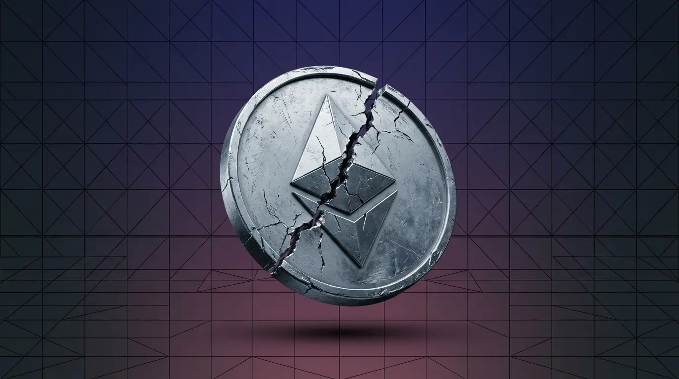 Ethereum News: Ethereum's market dominance is retreating toward critical support as the sell-the-news phase following Ethereum ETF approvals Ethereum coin with fracture on purple gradient grid background showing market dominance decline