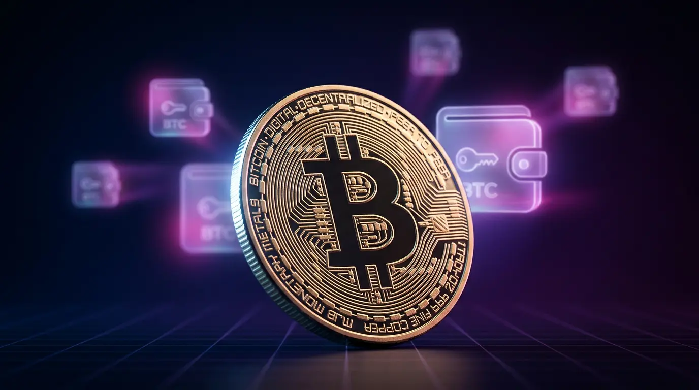 Bitcoin coin with holographic wallet icons on purple gradient background with grid overlay