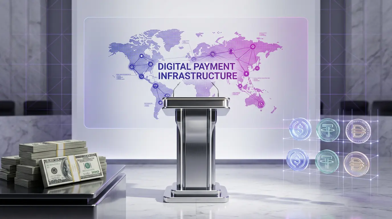 US Senate podium with holographic payment network and stablecoin tokens in purple-magenta gradient