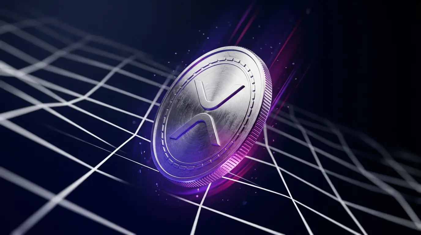 XRP cryptocurrency coin falling through digital grid with purple and magenta lighting showing price decline