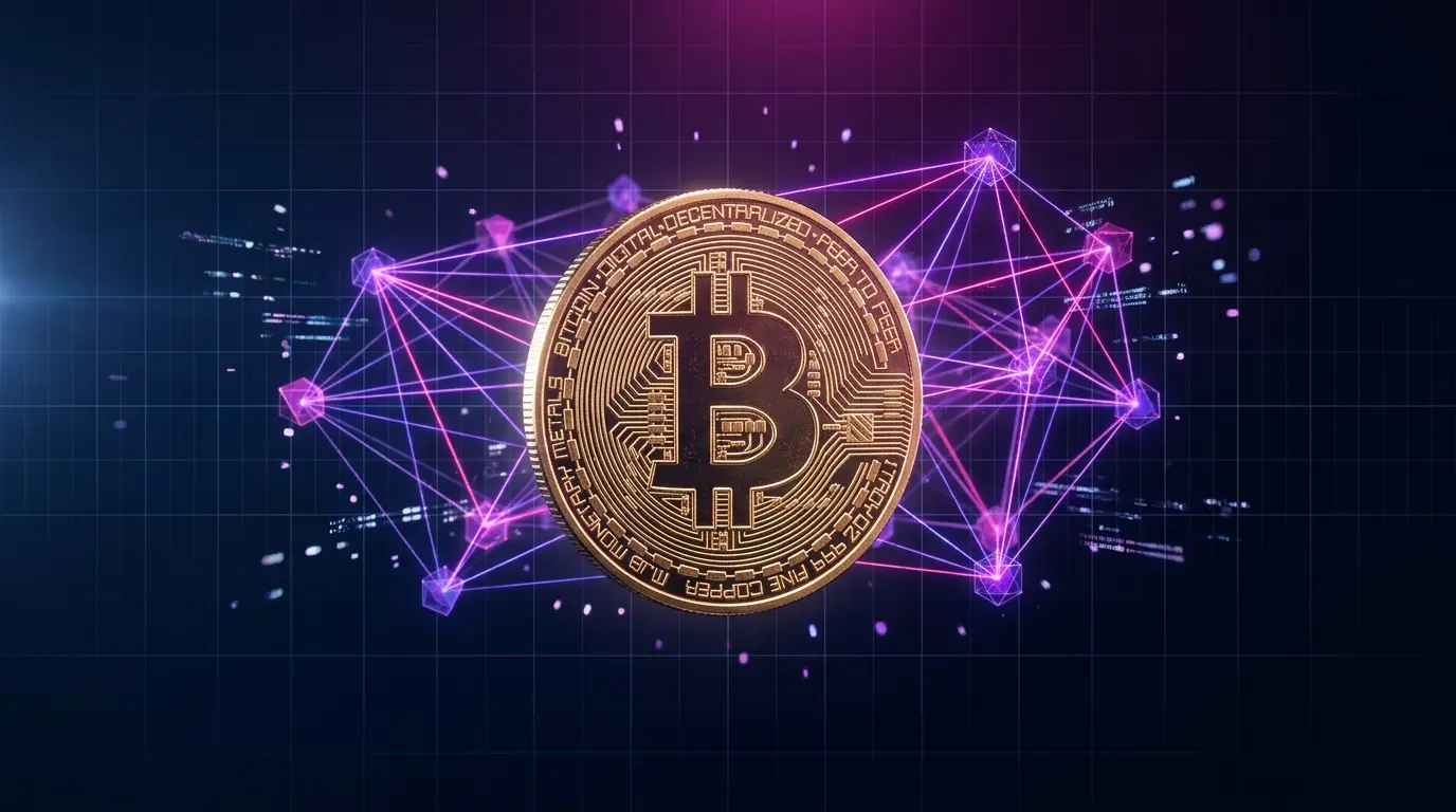Bitcoin coin with quantum computing holographic network in futuristic studio setting
