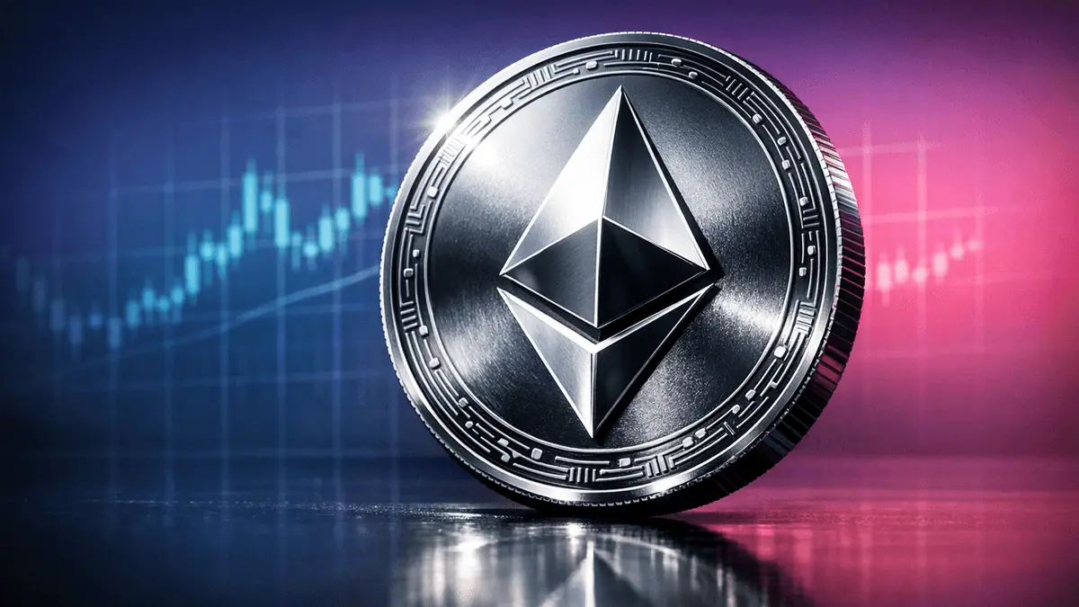 Ethereum coin with purple-magenta gradient and technical grid overlay showing market tension