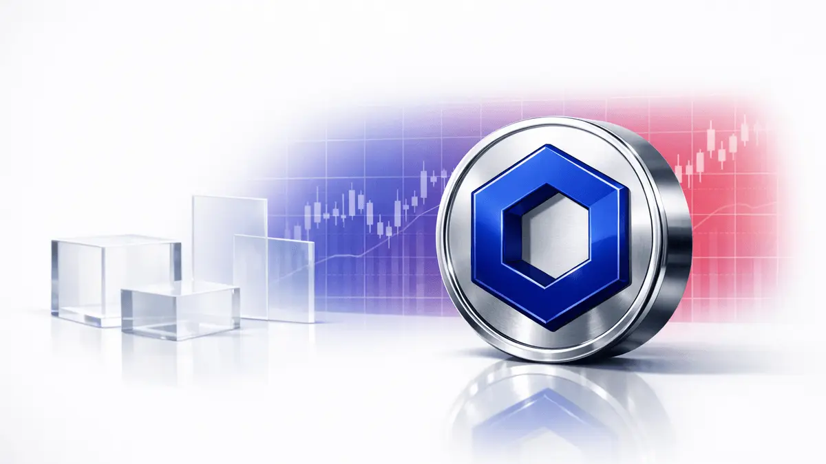 Chainlink LINK token with geometric grid and regulated derivatives market visualization on clean studio background