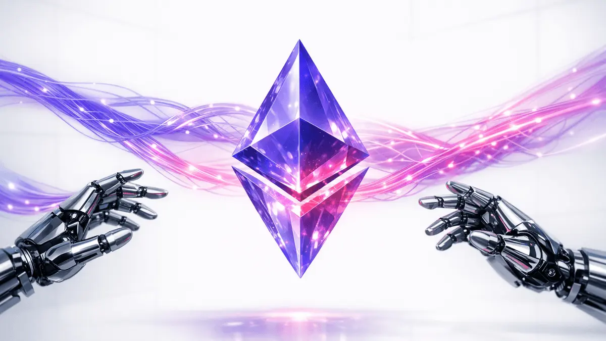 Ethereum logo with AI agent technology and purple-magenta gradient light streams in modern studio composition