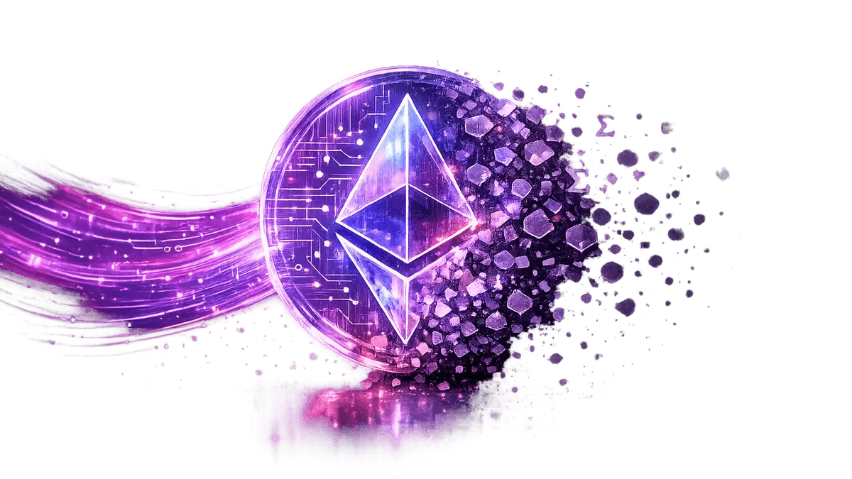 Ethereum token hologram dissolving into encrypted fragments with purple gradient lighting