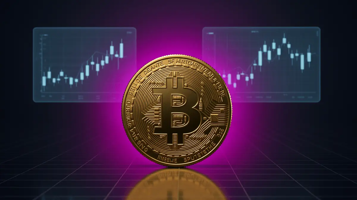 Bitcoin coin with purple-magenta gradient and trading charts on dark reflective surface