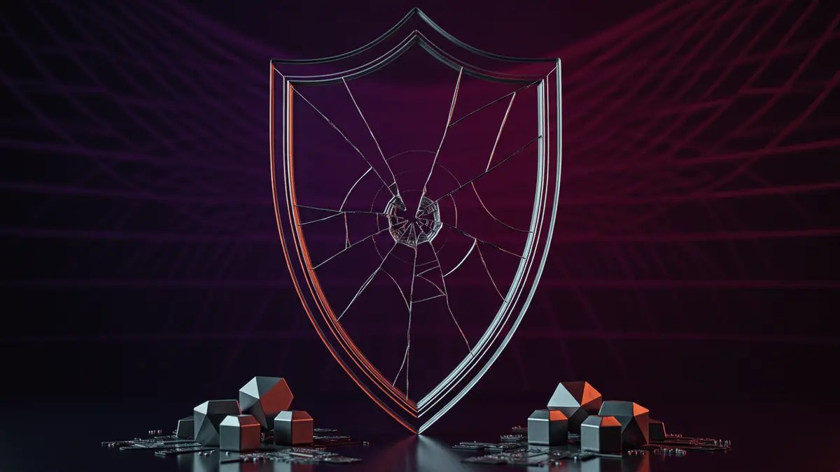 Cracked glass shield with purple-magenta gradient lighting representing incomplete legal protection