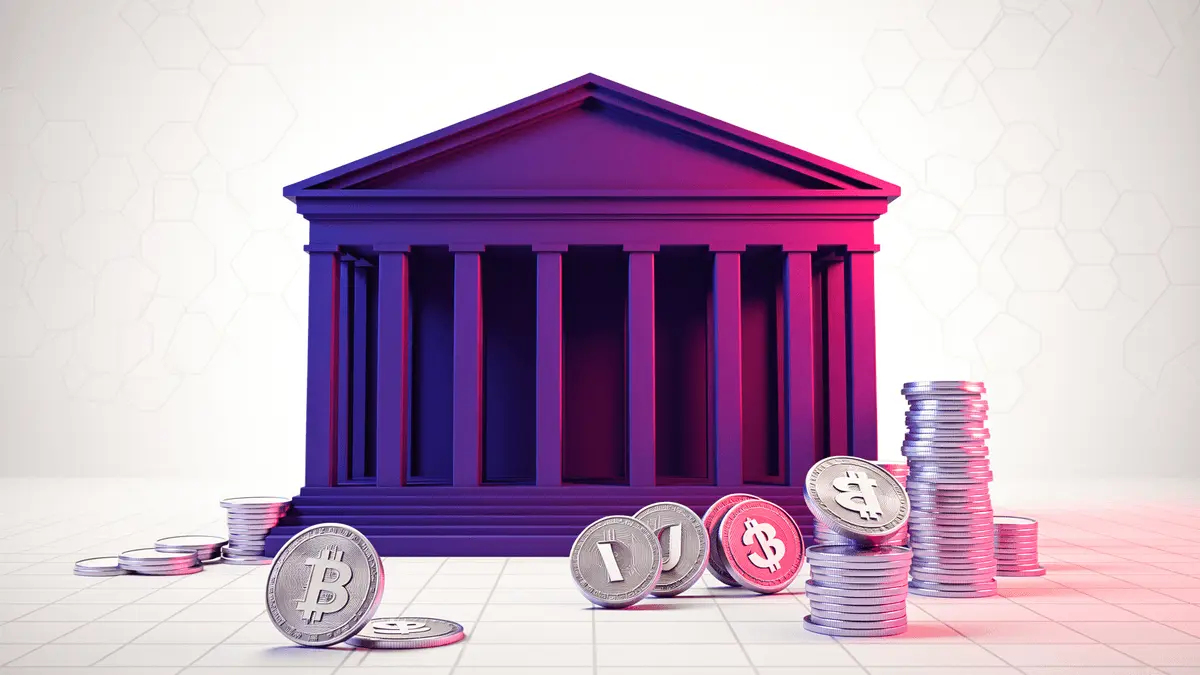 Congressional building illuminated with purple-magenta gradient and floating crypto tokens on geometric grid
