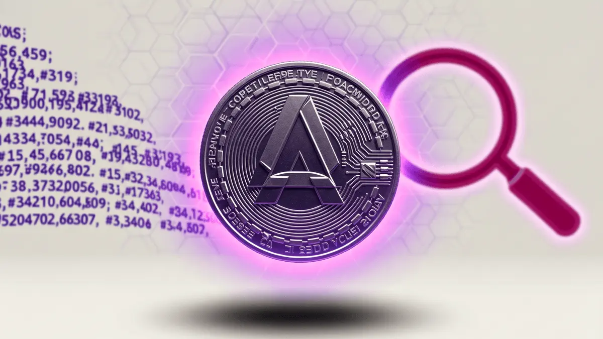 Cardano ADA cryptocurrency coin with purple gradient lighting and digital grid overlay