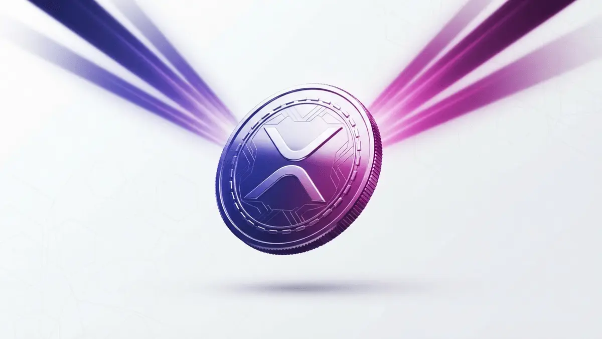 XRP cryptocurrency coin with purple-magenta gradients symbolizing Ripple's critical decision crossroads