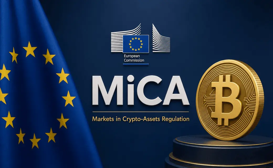 MiCA logo with Bitcoin symbol and European Union flag in the background.
