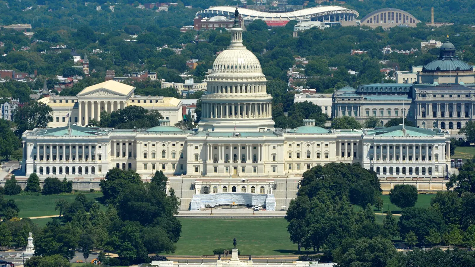 Aerial view of the US Capitol Building in Washington, DC, showcasing its iconic dome.