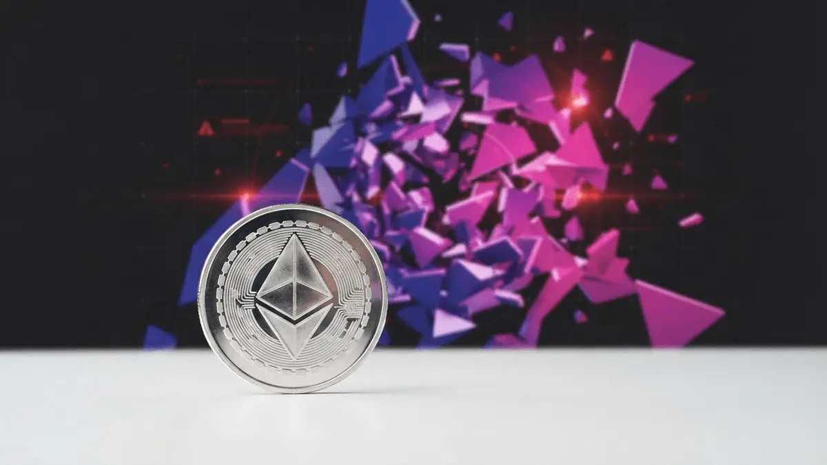 Ethereum coin with digital security breach visualization and purple gradient geometric fragments