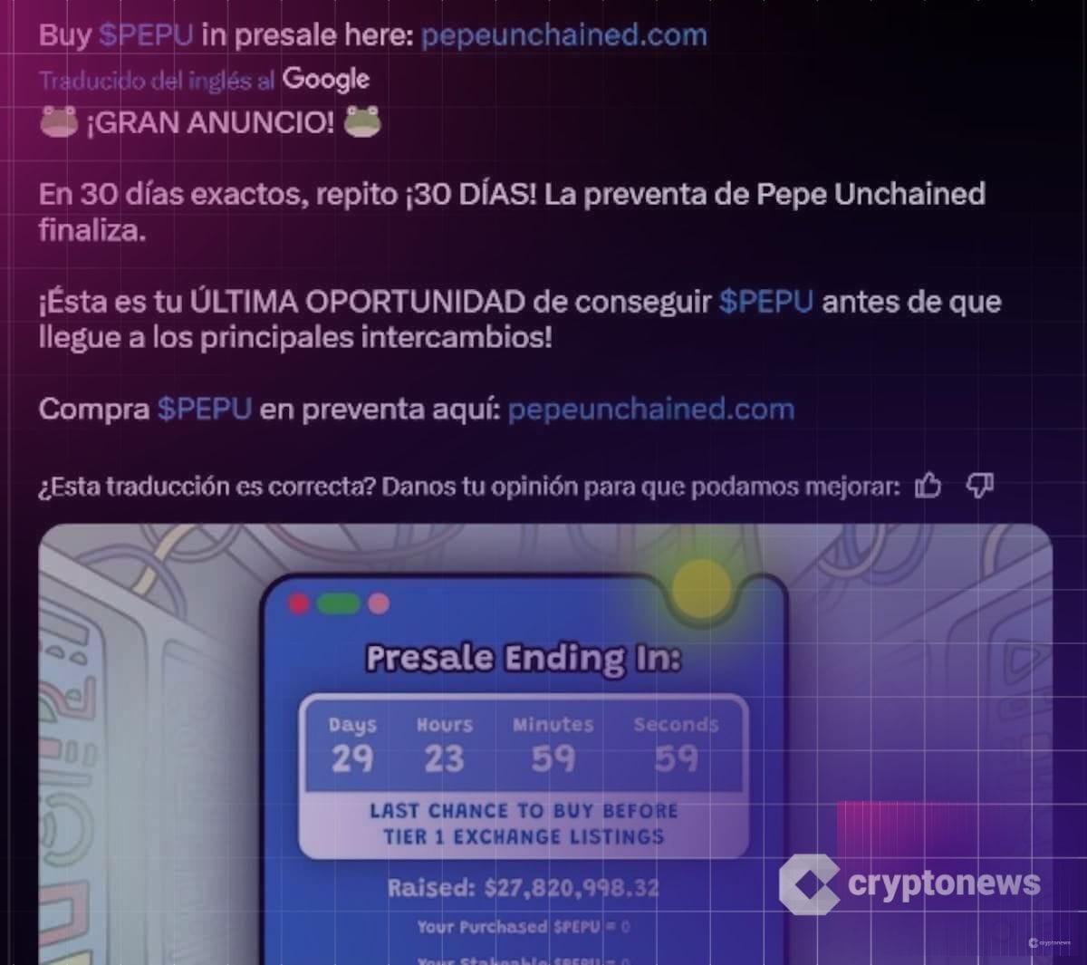 Pepe Unchained fija el final de su preventa en 30 días