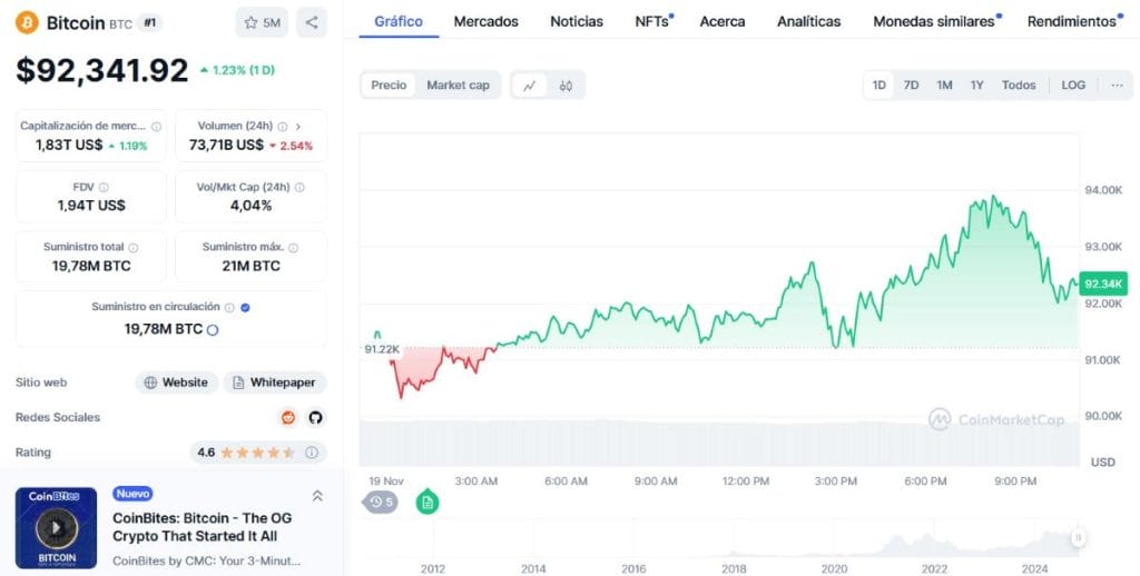 Gráfico del precio de Bitcoin. *Fuente: CoinMarketCap.com