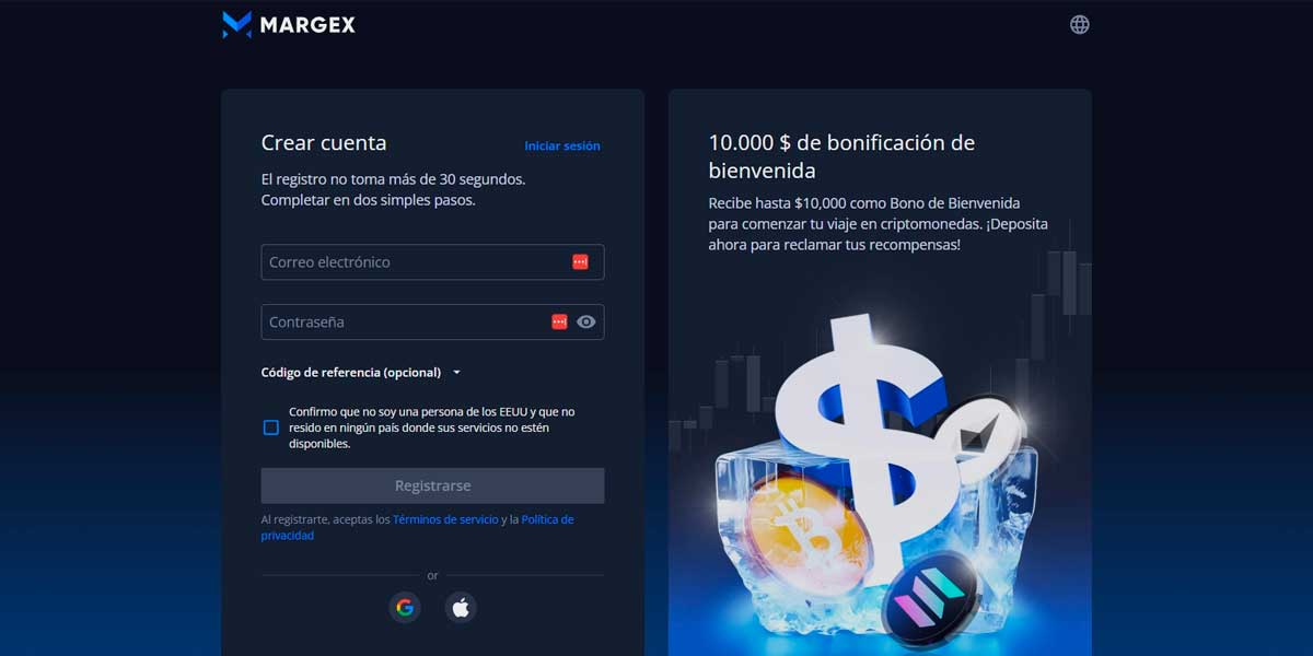 Paso 1 - Página de registro de Margex