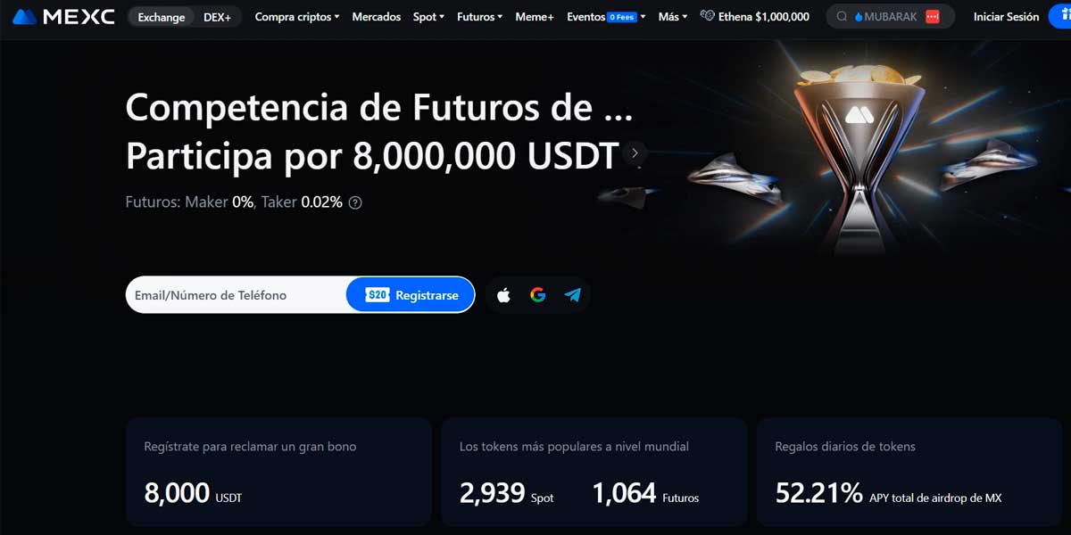 Página de MEXC, de las plataformas P2P de criptomonedas