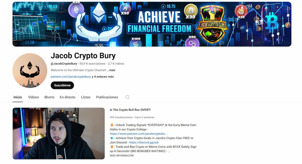 Canal de YouTube criptomonedas de Jacob Crypto Bury