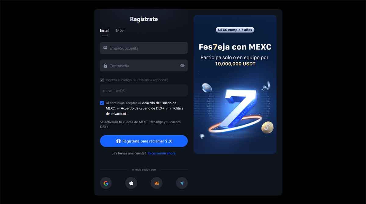 cómo registrarse en MEXC