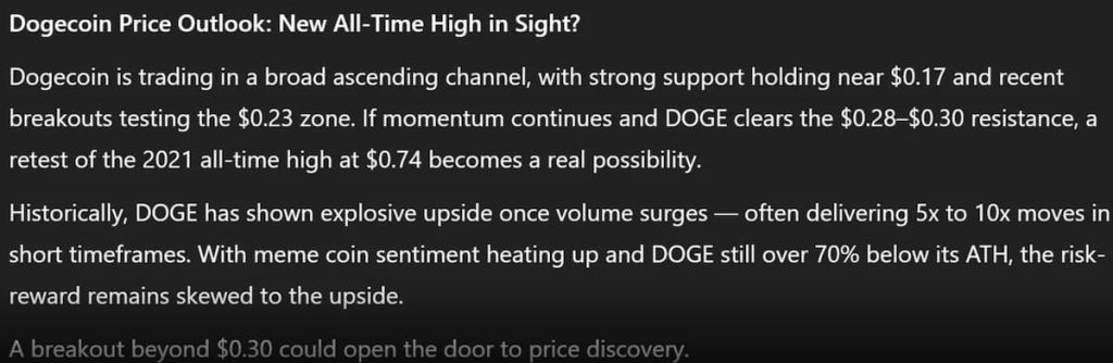 El precio de Dogecoin: Según ChatGPT es posible que DOGE alcance un nuevo máximo histórico