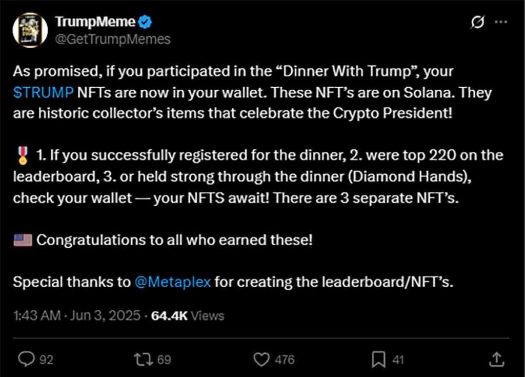 NFT de Solana para invitados a la cena de Trump