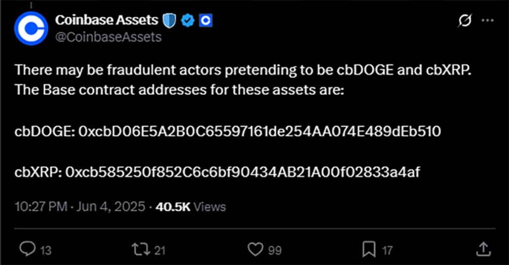 Coinbase X direcciones cbDOGE y cbXRP