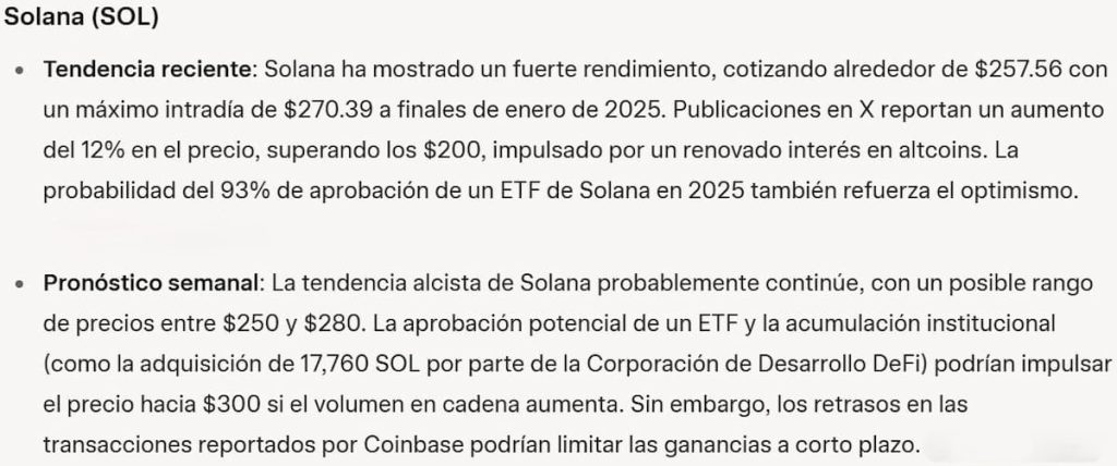 Predicción semanal de la IA para SOL. Fuente: Grok