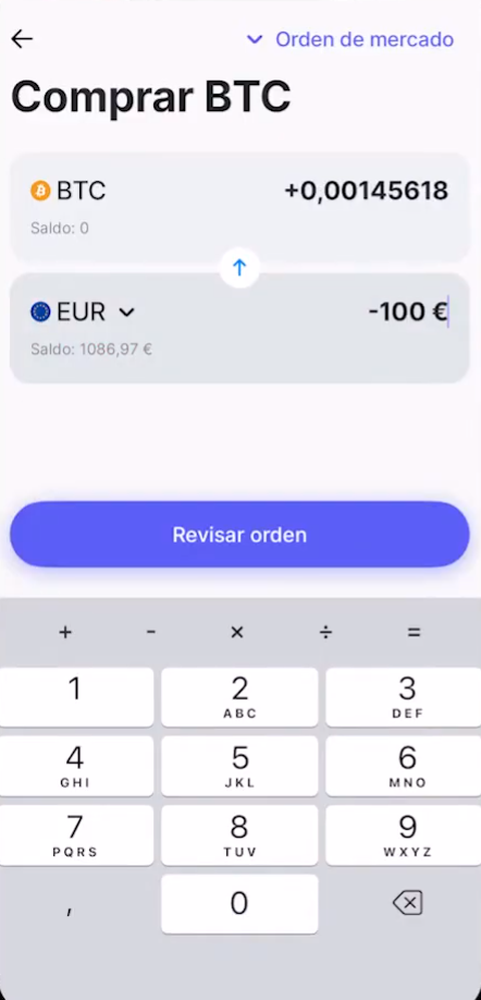 Introducir el importe de BTC a adquirir y confirmar la compra