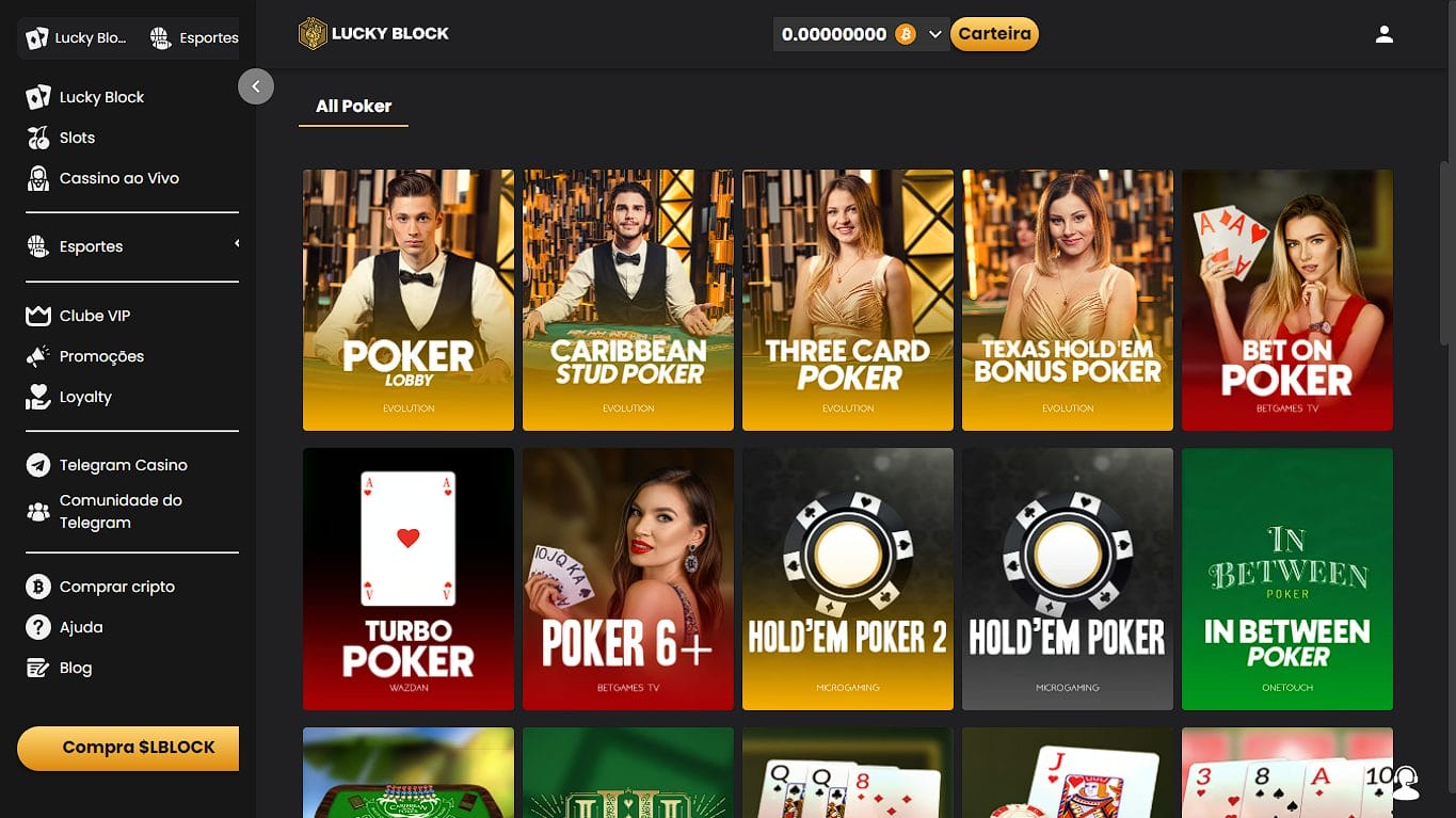 Seção de jogos de Bitcoin poker na Lucky Block