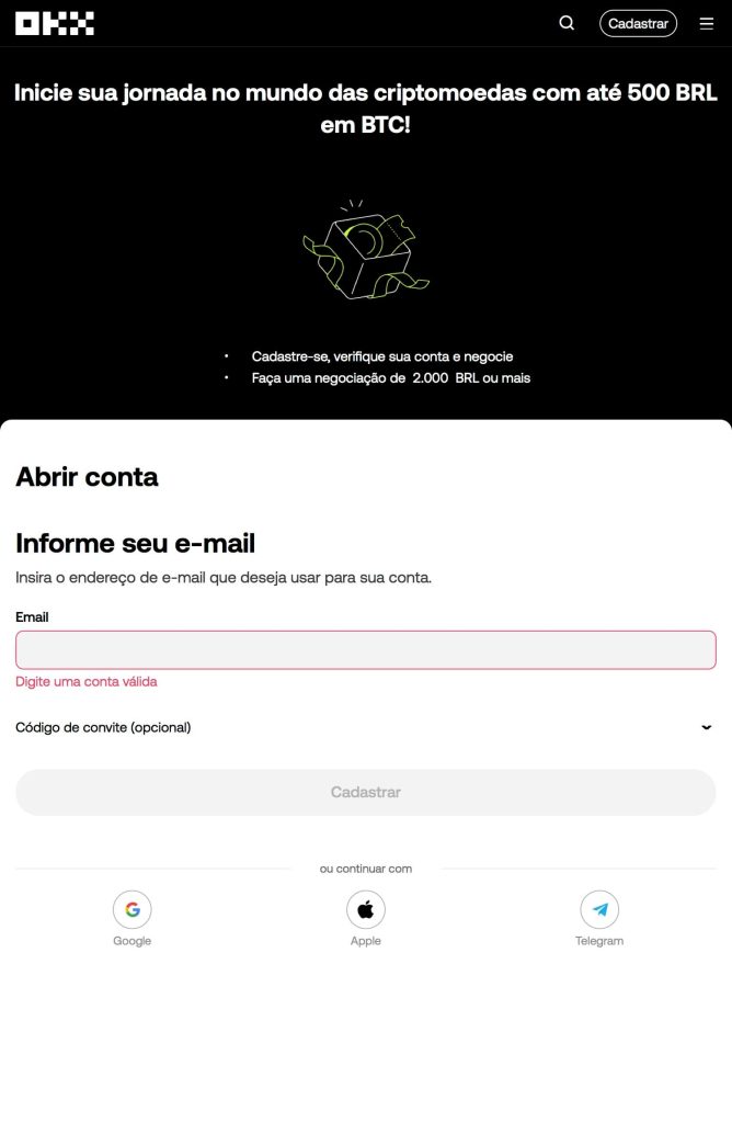 insira o e-mail para abrir conta e recebe bônus OKX