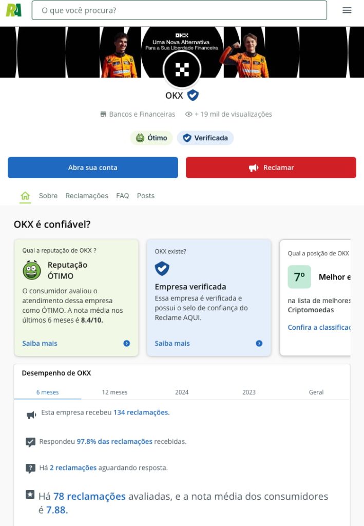 OKX - boa reputação no Reclame aqui