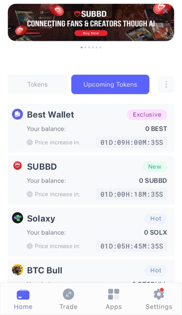 Acesse a parte de Upcoming Tokens para comprar SUBBD