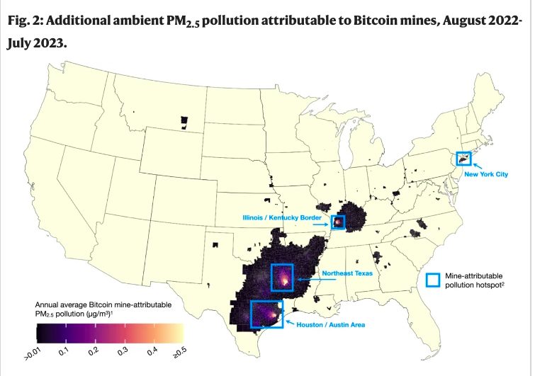 Mapa mostra a poluição derivada da mineração de Bitcoin nos EUA