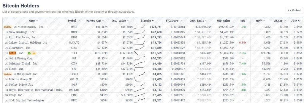 Empresas que mais detém Bitcoin. Fonte: Bitcointreasuries.net.