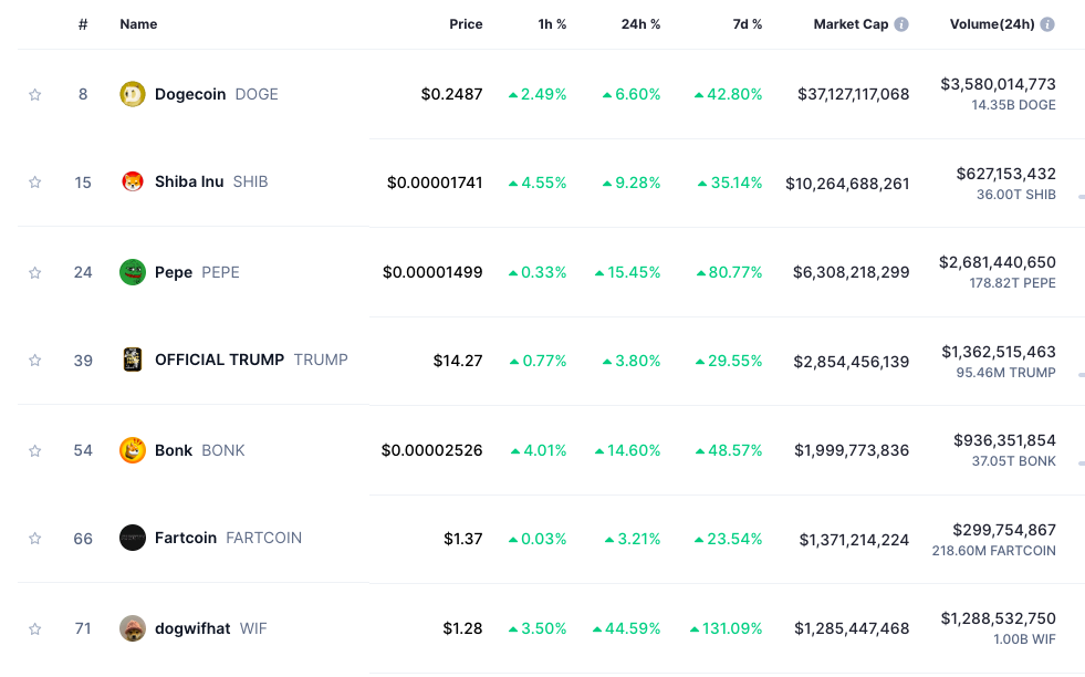 Principais meme coins em valor de mercado. Fonte: CoinGecko