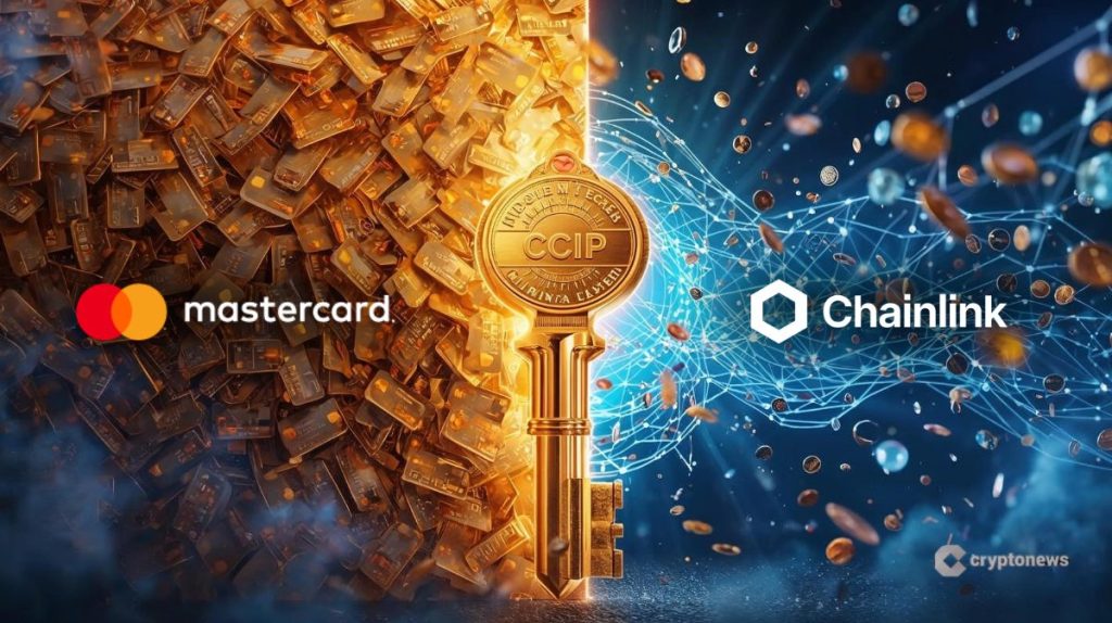 Ilustração da parceria Mastercard-Chainlink mostrando cartões de crédito dourados conectados à rede blockchain através do protocolo CCIP
