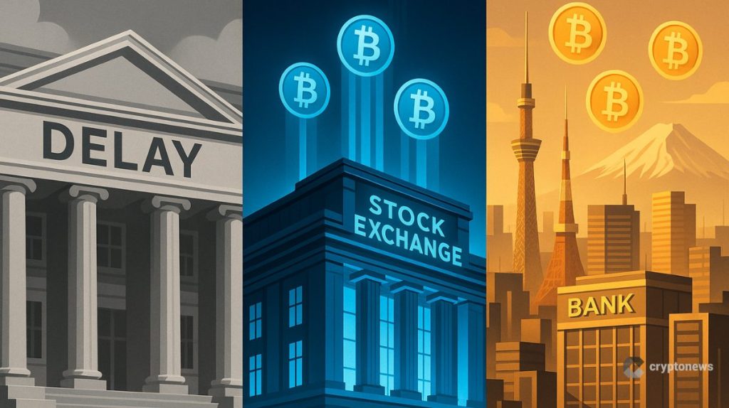 Comparação visual da corrida regulatória cripto: EUA em atraso, Reino Unido avançando com ETPs de Bitcoin, e Japão integrando bancos com criptomoedas