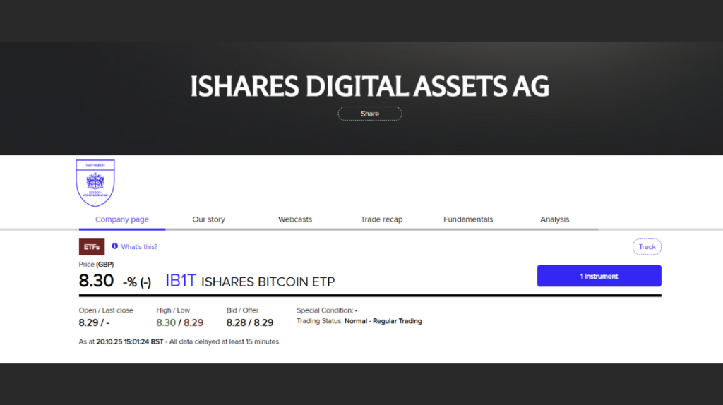 iShares Bitcoin ETP (IB1T) da BlackRock na London Stock Exchange