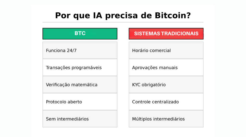 Tabela comparativa mostrando vantagens do Bitcoin sobre sistemas tradicionais para uso por inteligência artificial
