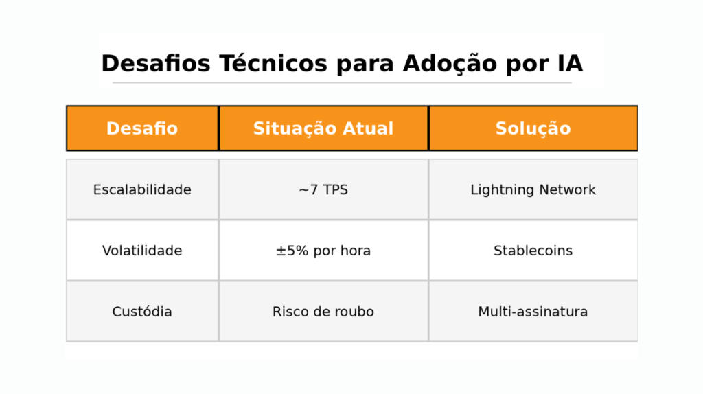 Tabela mostrando desafios técnicos do Bitcoin para adoção por IA e suas possíveis soluções
