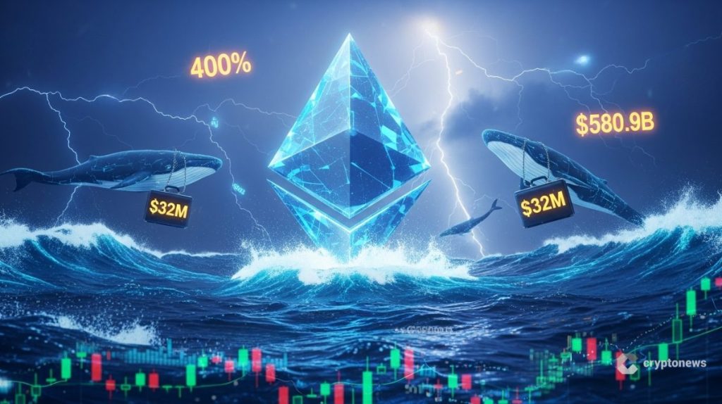 Ilustração mostrando Ethereum com baleias institucionais comprando US$ 32 milhões em ETH e crescimento de 400% no uso de stablecoins atingindo US$ 580,9 bilhões