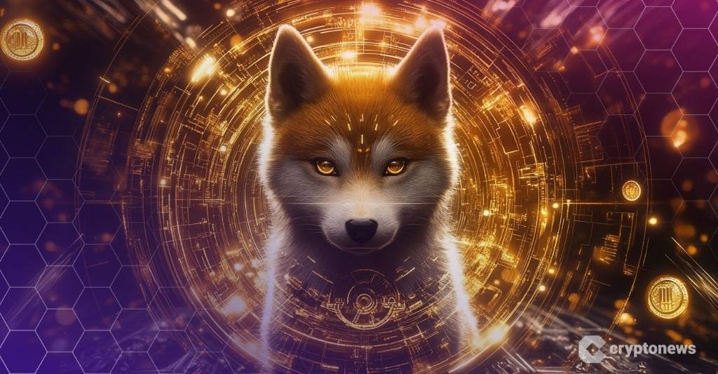 Shiba Inu-hund med guldmynter, futuristisk bakgrund, glödande meme-coin-symboler