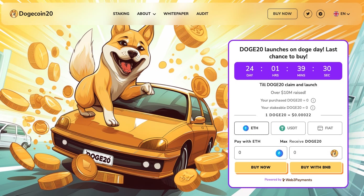 Dogecoin20 nettside med mulighet for kjøp under forhåndssalg
