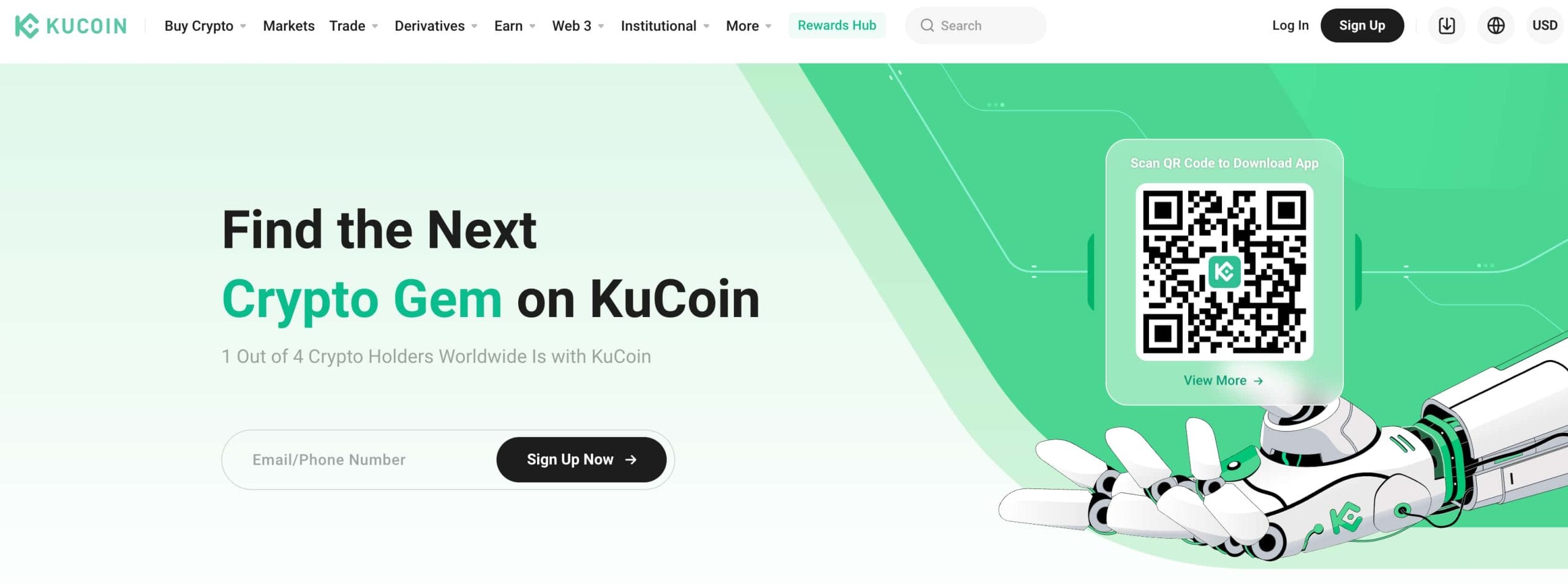 Kucoin Crypto exchange landing page 