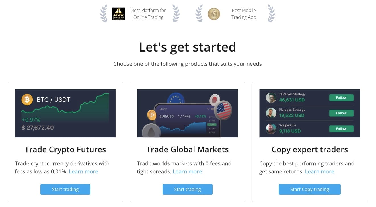 PrimeXTB trading plattform nettside for å komme i gang med tre valgmuligheter