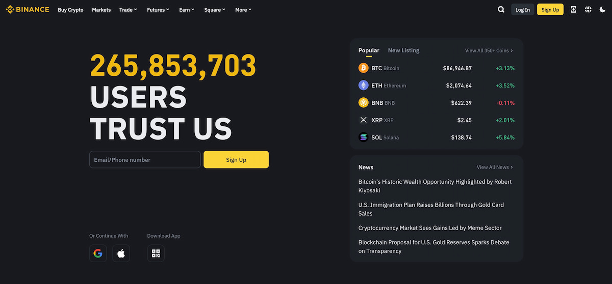 binance nettside med antall brukere